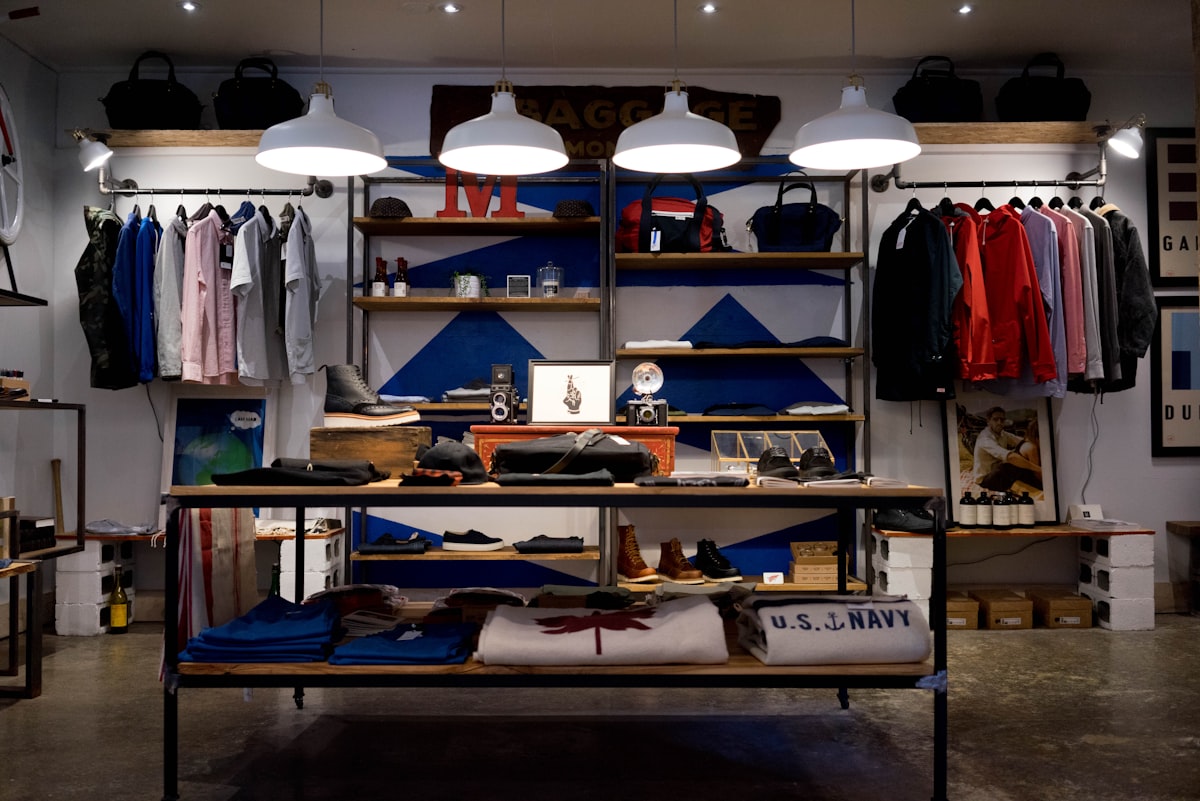 Interior de brechó com araras de roupa organizadas